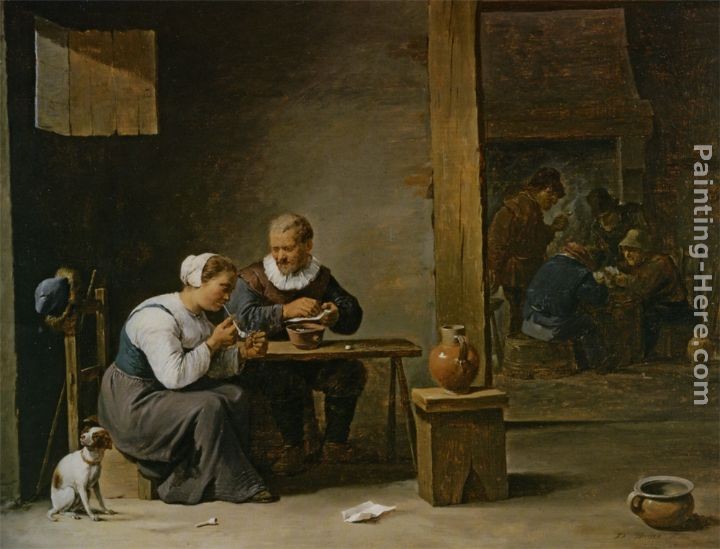 David the Younger Teniers A man and woman smoking a pipe seated in an interior with peasants playing cards on a table